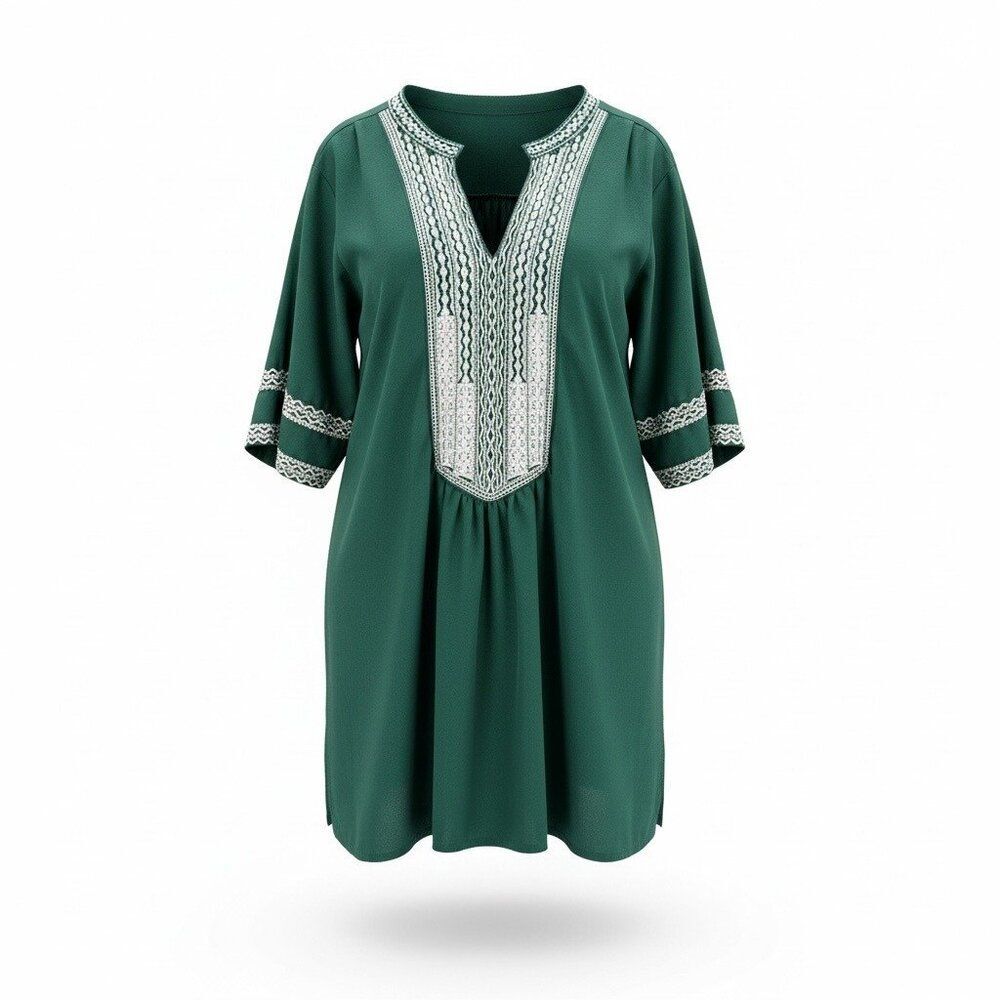 Green Embroidered Tunic Blouse Boho Short Sleeve Flowy 2XL